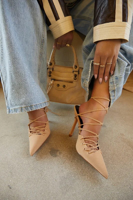 Simone Lace Up High Heel Pumps - Nude