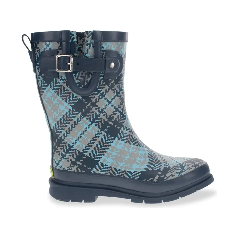 Western Tweed Plaid Faux Fur Mid Rain Boot - Blue Plaid